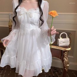 Casual Dresses Spring Autumn Women White Mini Dress Square Collar Bow Princess Fairy Long Sleeve Kawaii Ruffles Short Party DW615