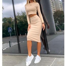 Work Dresses Party Club Women's Set Winter Autumn Two Pieces Sets Turtleneck Short Crop Top Midi Skirt Outfits Tracksuits GV840