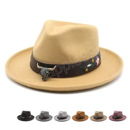 Curved Brim Soft Wool Felt Fedora Hat Vintage Cow Head Accessories Trilby Jazz Hat Panama Church Caps