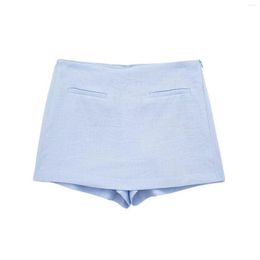 Skirts Blue Mini Skort Women High-waist Linen Textured For Chic Lady Shorts Female Clothing 2023