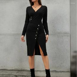 Casual Dresses V-neck Chic Black Dress For Women Sexy Party Clothing Bodycon Slit Skirt Vent Long Sleeve Vestido De Festa Mulher