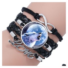 Charm Bracelets New Wolf And Fl Moon Leather Braided Wrap Bracelet For Women Men Glass Love Infinity Cabochon Bangle Fashion Diy Jew Dhd25