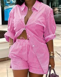 Women's Tracksuits Two Piece Sets Women Outifits 2023 Summer Fashion Striped Turn-Down Collar Long Sleeve Buttoned Shirt & Casual Pocket