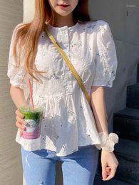 Women's Blouses Floral Embroidery Shirts Women Summer Puff Sleeve Ruffles Blouse Female Korean Fashion Sweet Elegant Hollow Out White Lace