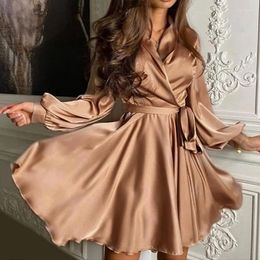 Casual Dresses Long Sleeve V-neck Mini Skirt Solid Colour Satin Party Dress With Belt Temperament Commuter Swing 2023 Summer