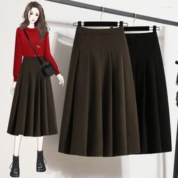 Skirts Autumn Suits Pleated Midi A-line Skirt For Female Thick Elastic Waist Coffee Solid Colour Maxi Women