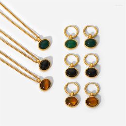 Pendant Necklaces Classic Oval Metal Crystal Stone Necklace Gold Plated Earrings Stainless Steel Women's Set