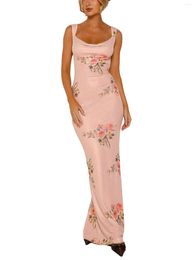 Casual Dresses Women's Summer Tank Long Dress Flower Print Cowl-Neck Backless Bodycon Sleeveless Party Gown