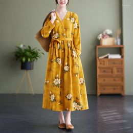 Casual Dresses Spring Sweet Floral Dress With Bow Sashes Pockets A-Line Vestidos 2023 Cotton Linen V Neck Long Sleeve Robes