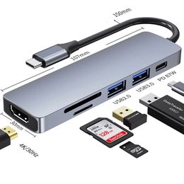 Hub tipo C 6 em 1 para adaptador HDTV 4K USB Docking Station C Hub com 3.0 TF SD Reader Slot PD para MacBook Pro/Air/Huawei Mate