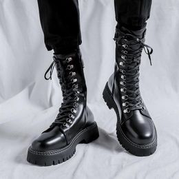 Boots Men Luxury Fashion Motorcycle Black Original Leather Shoes Lace-up High Top Knight Boot Cowboy Platform Long Botas Hombre