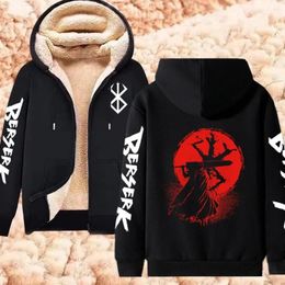 Men's Hoodies Anime Berserk Print Winter Lambswool Zip Up Jackets Thicken Warm Sweatshirts Men Harajuku Streetwear Coats Casual Tops