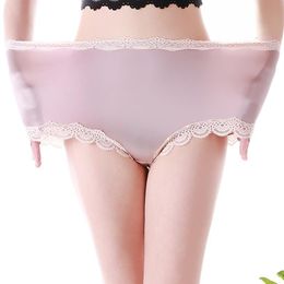 High Waist Large Size Panties Sexy Seamless Satin Silk Briefs Underwear Lace Trim Soft Stretchy Lingerie Women Panties Pink 5xl2670