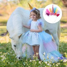Rainbow Cake Girls Unicorn Dress Long Tail Train Dress Baby Girl Princess Birthday Party Ball Gown Kids Horse Clothes Kids Princes271n