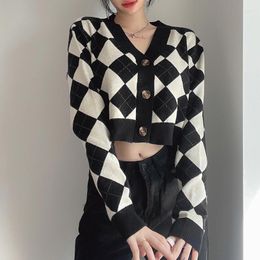 Women's Knits Spring Cardigan Sweater 2023 Black And White Ringer Colour Contrast Long-Sleeved Loose Short