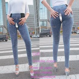 Women's Jeans Invisible Full Zipper Skinny Leggings Open Crotch Outdoor Sex Urine Couple Convenient Pants High Rise Sexy