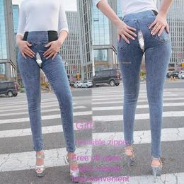 Jeans da donna Leggings aderenti con cerniera intera invisibile con cavallo aperto Sesso all'aperto Urina Coppia Pantaloni comodi A vita alta Sexy