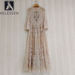 Basic Casual Dresses AELESEEN Designer Fashion Maxi Dress Runway Long Flare Sleeve Ruffled Luxury Beading Sequined Mesh Flower Embroidery Dresses 230706