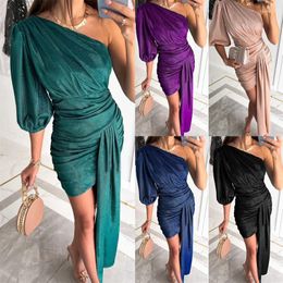 Casual Dresses Ladies Design Sense Lantern Sleeve Inclined Collar Tight Fold Dress Autumn Urban Commuter