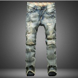 Ripped men jeans frayed male destroyed Slim biker jeanscasual skinny holesdenim pants washed yellow Colour swag overalls trousers161V