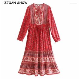 Casual Dresses Bohemia Contast Color Red Floral Print Women Midi Dress Lacing Up V Neck Long Sleeve Stitching Ruched Hem Holiday Robe