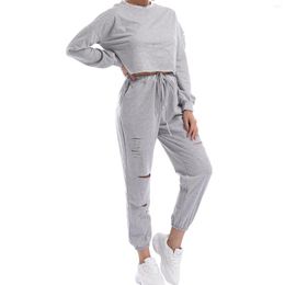 Women's Two Piece Pants Womens 2 Outfits Set Fashion Ripped Hole Pullover Sweatshirt Pocketed Joggers Sport Jumpsuits Sets