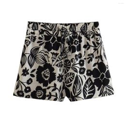 Women's Shorts Black Floral Print Short Women Chic Lady Elastic High-waisted Casual Beach Style Female Fashion Pants 2023 Summer