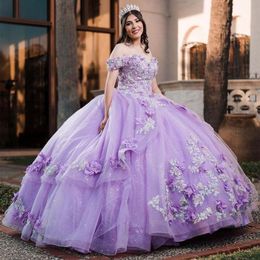 3D Floral Appliqued Princess Quinceanera Dresses Off The Shoulder Ball Gown Lilac Sweet 16 Dress Flowers Lace Luxury Prom Special Occasion Wear For Girls