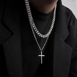 Pendant Necklaces Stainless Steel Double Layer Cuban Chains Cross Necklace Men Silver Punk Hip Hop Male Choker Trendy Jewelry