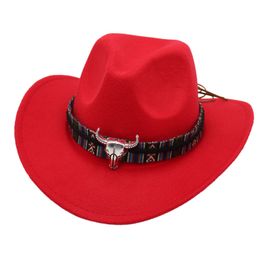 Fashion Cow Head Decorate Western Cowboy Hat for Children Faux Wool Vintage Gentleman Jazz Hats for Men Panama Cowgirl Hat