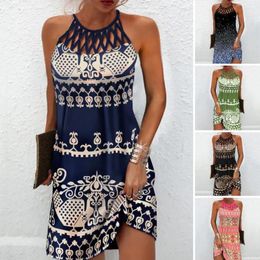 Casual Dresses Summer Dress Sleeveless Printing Halter Neck Vintage Hollow Out Beach Loose Bohemia Off Shoulder Ladies Mini Women Clothes