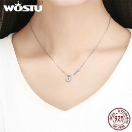Pendant Necklaces WOSTU 925 Sterling Silver Lock and Heart shaped Pendant Heart shaped High gloss Necklace Dazzling CZ Chain Women&#039;s 925 Jewelry CQN315 Z230707