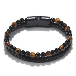 Beaded Mens Natural Stone Mti Layered Leather Bracelets For Women Tiger Eye Lava Rock Beads Chains Bangle Fashion Magnetic Buckle Je Dh5R9