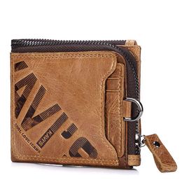 Quality Genuine Leather men Wallet new hot Brand zipper Man Purse Vintage cow leather Male card Coin Bag with iron chain