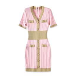 2023 Summer Pink Contrast Colour Panelled Dress Short Sleeve V-Neck Buttons Knee-Length Casual Dresses W3L049103