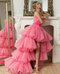 High Low Tiered Pink Prom Dresses Strapless Sleeveless Special Occasion Gowns Short Front Long Back A Line Tulle Evening Wear For Women