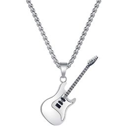 Men's Stainless Steel Rock Electric Guitar Bass Pendant Necklace with Rolo Chain