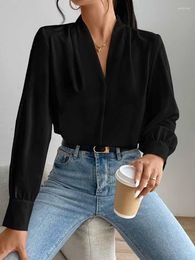 Women's Blouses Women Solid Bishop Sleeve Blouse Long Autumn Spring V-neck Top Elegant Bathrobe Collar Black Pleated Business Formal