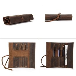 Pencil Bags Retro Pencil Case Handmade Genuine Leather Roll Up Pen Curtain Bag Pouch Wrap Holder Stationery School Supplies 85DD 230706