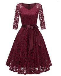 Casual Dresses 3/4 Sleeve V-Neck Vintage Lace Dress Robe Femme Elegant Women Red Hollow Out Evening Party Vestidos De Festa