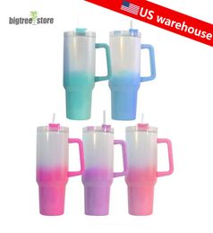 US warehouse 40oz Sublimation Ombre Glitter Tumbler with Handle Stainless Steel big capacity Gradient Colour Beer Mug Insulated Travel Mug Rainbow Shimmer Tumbler