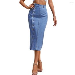 Skirts Denim Skirt Women Irregular Slit Button Placket Calf-Length High Waist Streetwear Summer Dress Office Ladies Commute Wear