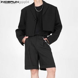 Men's Tracksuits INCERUN 2023 Men's Solid Colour Fashion Long Sleeve Single Button Crop Jacket and Shorts 2PCS Street Clothing Men's Casual Set S-5XL Z230707