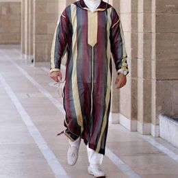 Ethnic Clothing Arrival Eid Muslim Men Jubba Thobe Fashion Striped Print Long Sleeve Hoodie Robe Middle East Islamic Arabic Kaftans