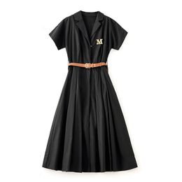 2023 Summer Black Solid Color Waist Belted Dress Short Sleeve V-Neck Midi Casual Dresses W3L049407