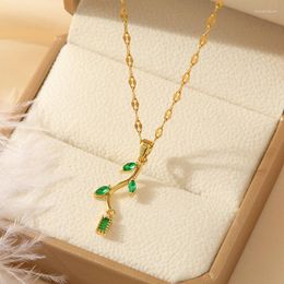 Pendant Necklaces Fashion Creative Green Leaf Branch Necklace Zircon Crystal For Women Stainless Steel Clavicle Chain Jewellery