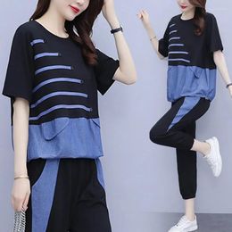 Women's Two Piece Pants 2023 Summer Striped Pieces Sets Womens Korean Denim Stitching Loose Tops And Leisure 2 Set Female