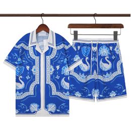 Mens Shirt L'Arche Fleurie silk shirt Slim Fit casablanc shirts men Designer Casual clothing Designer shirt luxury Cheque pattern Blue Ocean Hawaiian shirt 980