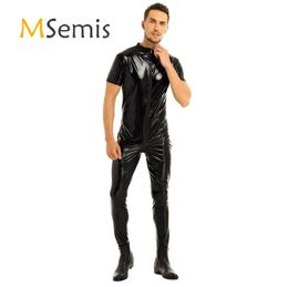 Men's Swimwear underwear wet appearance Artificial leather full set elastic short sleeve zipper crotch suitable for stage performance 230705