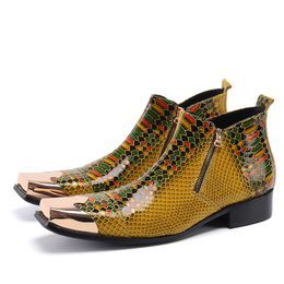 Square Fashion Toe Gold Snake Skin Genuine Leather Military Men Metal Tip Cowboy Boots Dress Wedding Shoes Man b